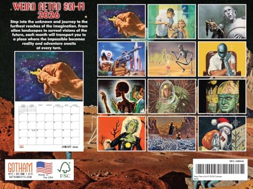 Weird Retro Sci Fi Calendar 2026 Vintage Scifi Monthly Wall Calender 12 Month | American Made In The USA