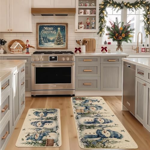 Baccessor Christmas Kitchen Rugs Set of 2 Blue Snowman 17x29 and 17x47 Inch