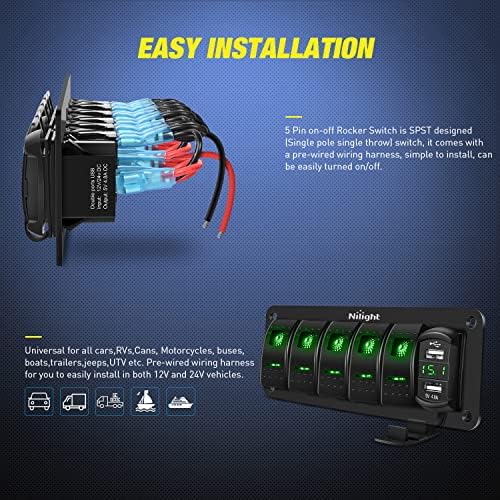 Nilight 5 Gang Rocker Switch Panel with Dual USB Socket Voltmeter