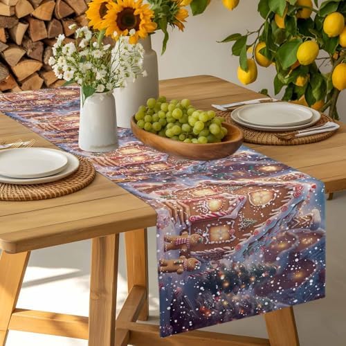 Christmas Table Runner Dresser Scarf 13 x 36 Inch Gingerbread Man House Candy Winter Night Snow Scene Table Runners Non-Slip Heat Resistant Kitchen Dining Table Decor for Home Holidays Indoor Outdoor