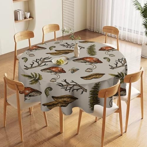 Vintage Woodland Mushroom Tablecloth, Nature Forest Plants Botanical Ferns Print Table Cloth for Farmhouse Kitchen Party Picnic Dinner Decor, 70x70in
