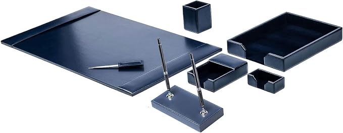 Dacasso Bonded Set Luxury Leather Desk Pad & Desk Organization Essentials, 8 Piece, Navy Blue
