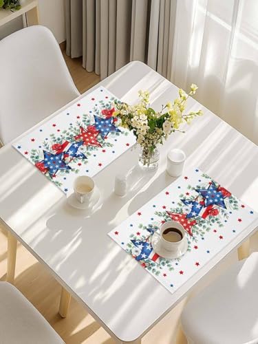 4th of July Placemats Set of 4, Patriotic Memorial Day Heat Resistant Washable Dining Table Mats Holiday Farmhouse Decor for Kitchen&Table Linens Outdoor Indoor, American Stars Summer Poppy Eucalyptus