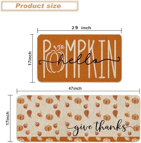 Baccessor Fall Kitchen Rugs Set of 2, Pumpkin Kitchen Mats for Floor Low-Profile Autumn Thanksgiving Home Kitchen Decor 17x29 and 17x47 Inch