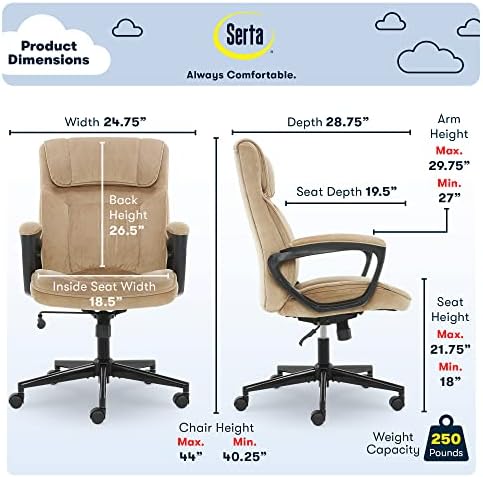 Serta® Hannah Executive Home Office Desk Chair, Ergonomic Mid-Back with Lumbar Support, Firm Seat Cushion, Layered Body Pillows, Padded Armrests, Swivel Base, Easy Assembly, Microfiber, Beige