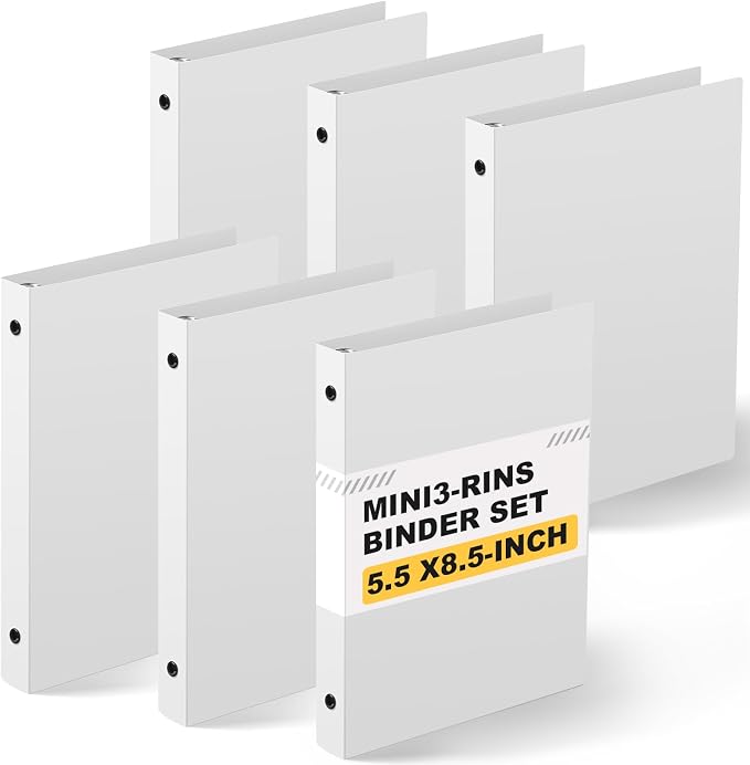 Henoyso 1 Inch 6 Pack Mini 3 Ring Binders for 5.5"x8.5" Paper,White | Holds 200 Sheets, Plastic Small Binders, Round Three Rings, Flexible PP Covers, School Office, Photo Album Planner Journal