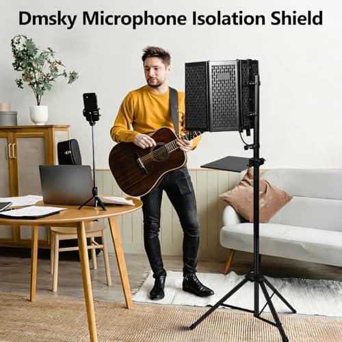 Dmsky Microphone Isolation Shield with Pop Filter & Tripod Stand, Foldable Mic Shield with Triple Sound Insulation, High Density Mic Sound Shield for Recording Studio, Podcasts, Singing, Broadcasting