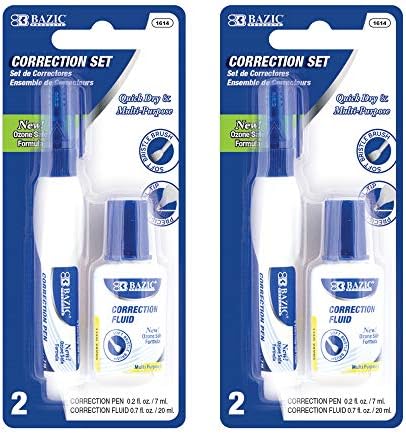 BAZIC PRODUCTS Correction Pen & Fluid Set, Metal Tip, White, 2 Pk, 2-Pack