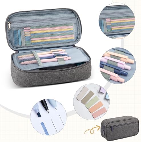 Sinload 60 Pcs Aesthetic Book Annotation Kit Gray Pencil Case with Highlighter Gel Pen Mechanical Pencil Magnetic Bookmarks Transparent Sticky Note Tabs Mini Office Supplies