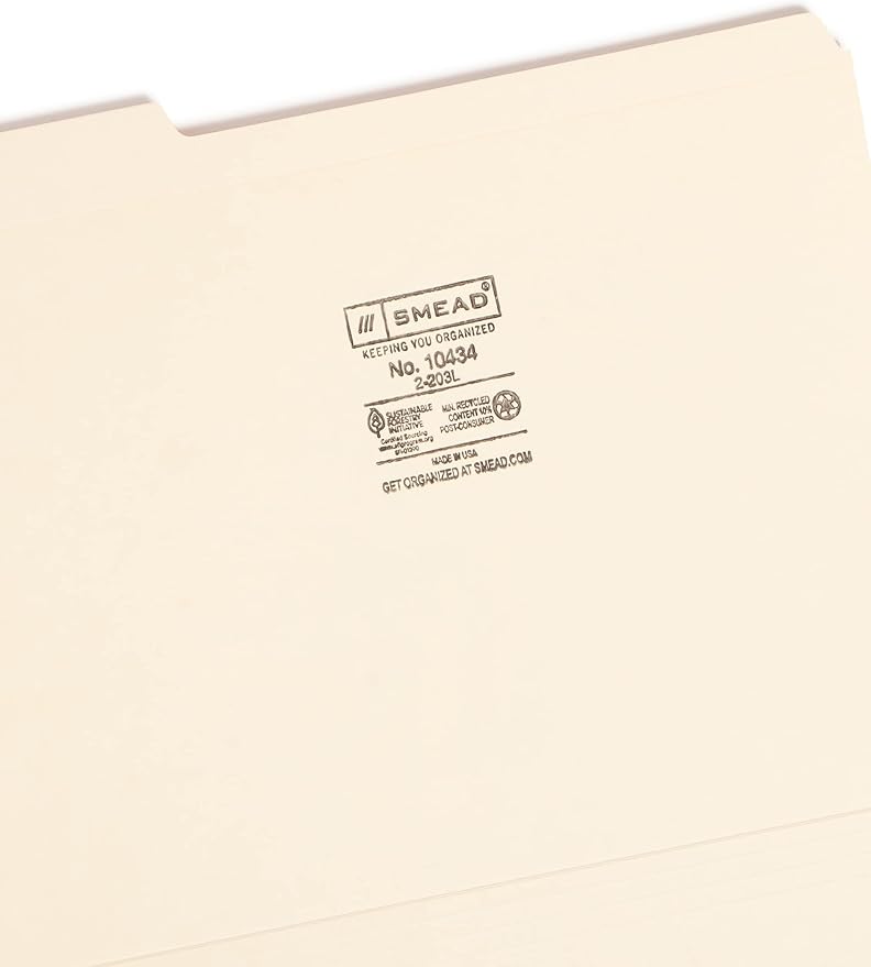 Smead File Folder, Reinforced 1/3-Cut Tab, Letter Size, Manila, 100 Per Box (10434)