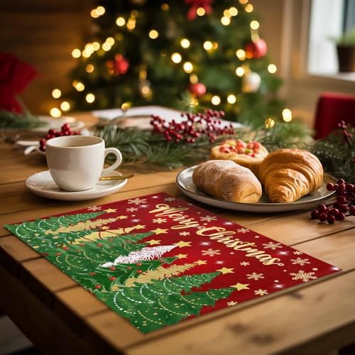 Christmas Placemats Set of 6, Merry Christmas Heat Resistant Washable Dining Table Mats Xmas Holiday Farmhouse Decor for Kitchen&Linens Outdoor Indoor, Gold Star Xmas Tree Snowflakes