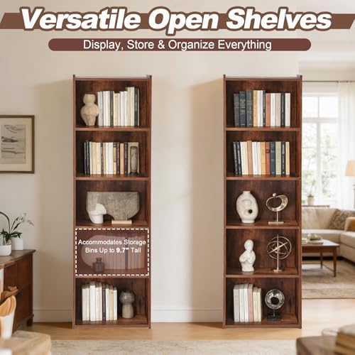 SUPER DEAL 5-Tier Open Shelf Bookcase and Bookshelf, Freestanding Display Shelves Narrow Cube Storage Organizer for Small Spaces Kids Bedroom Living Room Home Office Apartment, 52 Inch, Rustic Brown
