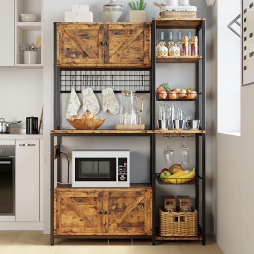 IRONCK Bakers Rack with Cabinet and Power Outlet, Coffee Bar, Vintage Brown