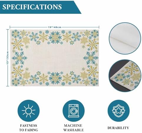 Gold Blue Snowflakes Christmas Placemat 1PC, Winter Xmas Holiday Heat Resistant Washable Table Place Mats Beige Cotton Table Linens Party Holiday Decor for Kitchen Dining Outdoor Indoor
