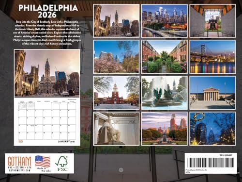 Philadelphia Calendar 2026 Wall 12 Month Monthly PA Scenic Souvenirs Philadelphian Themed Gifts | American Made In The USA