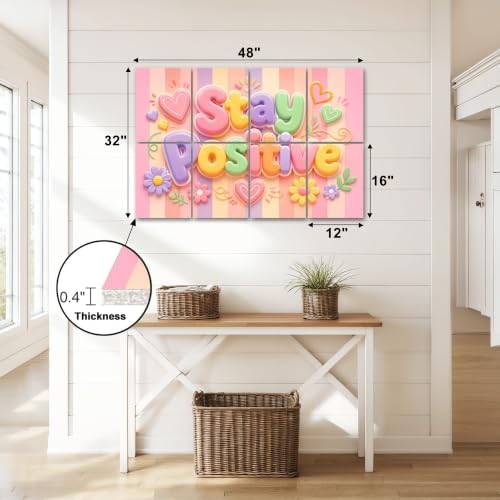 8 Pack Art Acoustic Panels Sound Absorbing Stay Positive Pastel Typography Hearts Flowers Striped Decorative Soundproof Wall Panels Self Adhesive for Home Recording Studios 48"x32"