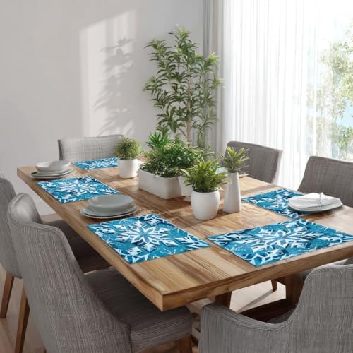 Batmerry Blue Winter Snowflakes Linen Placemats Set of 6, Seamless Blue Abstract Geometric Washable Table Mats for Kitchen Table Thickened Heat Insulation Dining Set Indoor Outdoor 12X18 in