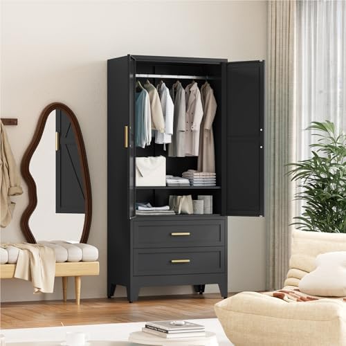 Washsemba 71'' Farmhouse Metal Wardrobe Cabinet with Hanging Rod, 2 Barn Door Wardrobe Closet with Adjustable Shelves,2 Drawer,for Dining Room,Bedroom,Living Room, Cloak Room,Office (Black)