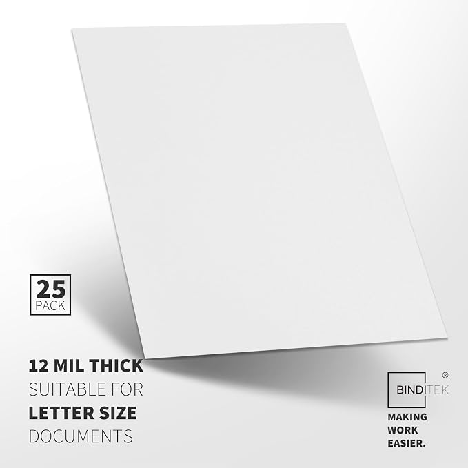 Binditek 12 Mil Sand-Textured Binding Covers, Letter Size, White, 25 Pack | Plastic Binding Covers, 8.5" x 11", Subtle Matte Finish, Square Corners, Unpunched, Ideal for Business Reports and Proposals