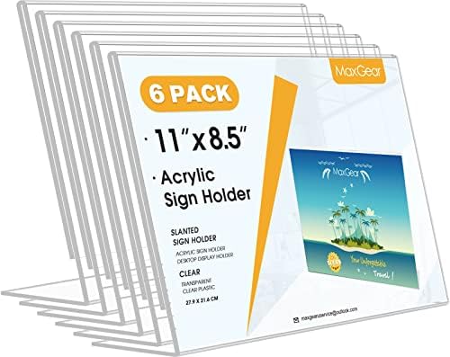 MaxGear Acrylic Sign Holder 8.5x11 Inches Horizontal 6 Pack, Slant Back