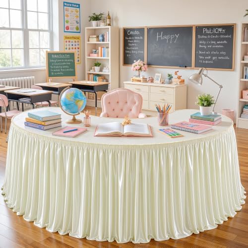 Wish Care 9ft Ivory Satin Table Skirt for Rectangle Tables Wrinkle Free Teacher Desk Skirt Glitter Ruffle Table Skirting Cloth for Back to School Classroom Office Dorm Birthday Party Table Decor