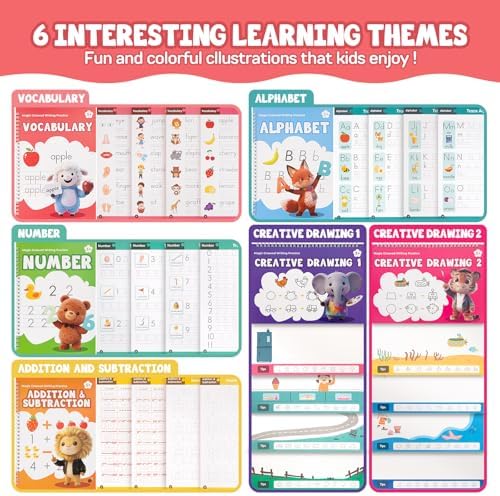 Magic Grooved Writing Practice Books, Reusable 3D Grooved Handwriting Practice for Kids Ages 3-5, Disappearing Ink Pens & Grips, Perfect Educational Gift