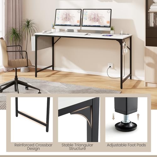 COSTWAY Home Office Desk, 32 Inch Computer Desk with Recessed Power Strip, Storage Bag & Headphone Hook, Wide Desktop, Modern Computer Workstation Writing Table for Home, Office (White + Black)