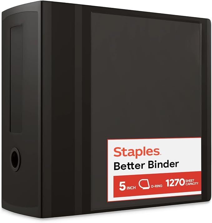 Staples Better Binder, 5 Inch D-Ring, Black, Reinforced Spine | High-capacity 3-ring binder holds up to 1,050 sheets for bulk storage.