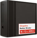 Staples Better Binder, 5 Inch D-Ring, Black, Reinforced Spine | High-capacity 3-ring binder holds up to 1,050 sheets for bulk storage.