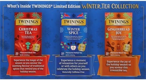 Twinings Winter Tea Collection, Limited Edition Holiday Gift Box, 20 Count (Pack of 3), Includes Christmas Tea, Winter Spice, and Gingerbread Joy, Enjoy Hot or Iced, 60 Teabags