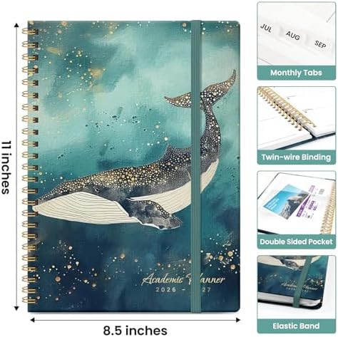 Planner 2026-2027, Jul 2026-Jun 2027 Academic Monthly & Weekly Planner | 8.5" x 11" Hardcover Pretty Calendar Planner for Women, Spiral Organizer for School Office Home Supplies, Whale Dreams
