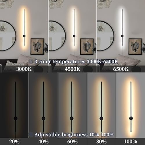 KELUOLY Dimmable Plug in Wall Sconce Set of 2,Black 31.5" LED Wall Light with Remote,Adjustable Color Temperature Brightness,Wall lamp with Timer for Living Room,Bedroom and Accent Lighting