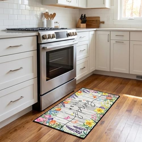 Hello Spring Kitchen Rugs, Tulip Lavender Floral Kitchen Mats