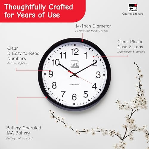 Charles Leonard Round Wall Clock, 14 Inch Thinline Quartz with 12 Inch Dial, Analog with Second Hand, Black/White (76820)