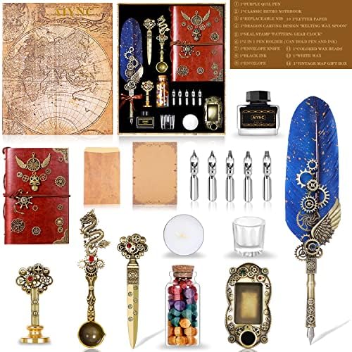 Quill Pen and Ink Set, Feather Pen Ink Set With Quill Pen, Notebook, 5 Replaceable Nibs, Seal Stamp, Spoon, Wax Beads, White Wax, Ink, Pen Holder, Cup, Envelope,Letter Paper,Envelope Tool(Blue)