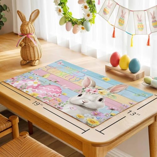 Easter Placemats Set of 6, Bunny Eggs Place Mats Washable Dining Table Mats Spring Holiday Party Decor for Kitchen&Linens Outdoor Indoor, Spring Floral Leaves Carrot Color Wood