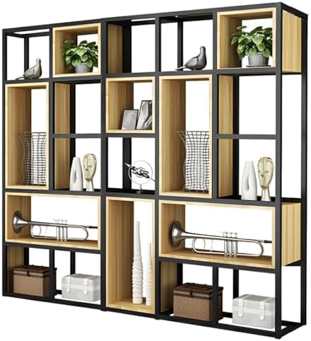Wood Industrial Cube Bookcase with Shelves & Open Back Iron Bookshelf Floor Steel & Wood Shelf Multi-Layer Shelf Storage Rack Office Partition Display Rack Natural 78.7" L x 9.8" W x 78.7" H
