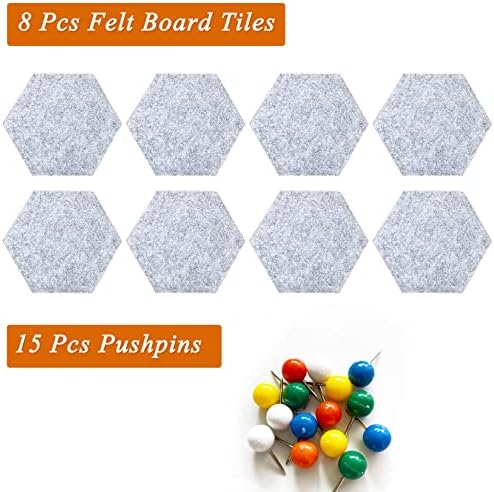 8Pcs Hexagon Felt Cork Board Tiles, Self Adhesive DIY Bulletin Board Pin Board for Office School Home Wall Decor Memos Photos Display (Light Grey)