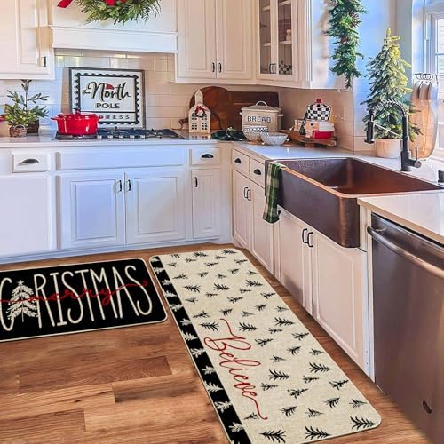Baccessor Christmas Kitchen Rugs Set of 2, Black Christmas Trees Kitchen Mats for Floor Hallway Laundry Sink Low-Profile Winter Holiday Home Decor 17x29 and 17x47 Inch