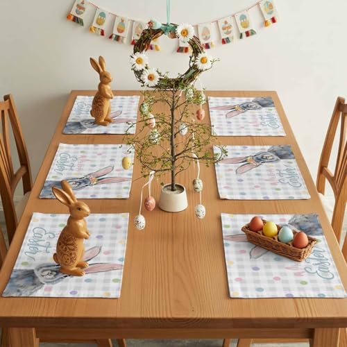 Easter Placemats Set of 6, Floral Bunny Place Mats Washable Dining Table Mats Spring Holiday Party Decor for Kitchen&Linens Outdoor Indoor, Polka Dots Grey Buffalo Plaid