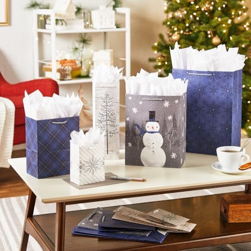 Hallmark Assorted Christmas Gift Bags Bulk - Snowflake, Tree, Snowman, Plaid (18 Gift Bags: 5 Small 5", 4 Medium 8", 4 Large 11", 3 XL 14", 2 Bottle Bags) for Holiday Parties, Hanukkah, Weddings