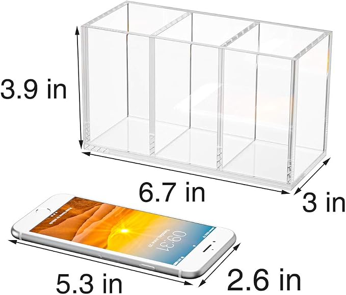 NIUBEE Acrylic Pen Holder 3 Compartments, Clear Pencil Organizer Cup for Countertop Desk Accessory Storage | Scratch-resistant thick acrylic with 3 slots for pens, pencils, makeup brushes, office, vanity and school use