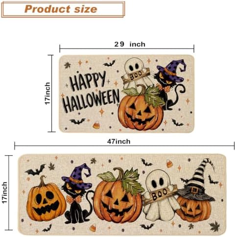 Baccessor Halloween Kitchen Rugs Set of 2, Spooky Pumpkin Ghost Cat Bat Kitchen Mats Low-Profile Non Slip Washable Rugs for Floor Home Decor 17x29 and 17x47 Inch