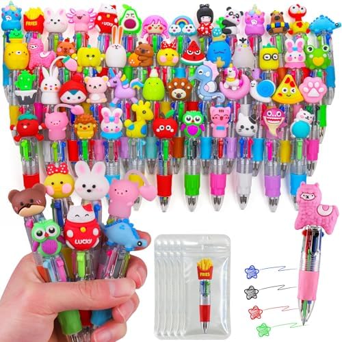 52 Pcs Mini Multicolor Pens in One 4-in-1, Cute Kawaii Ballpoint Pens Bulk with 52 Different Designs, Classroom Rewards, Student Gifts, Party Favors, Back to School Supplies for Kids