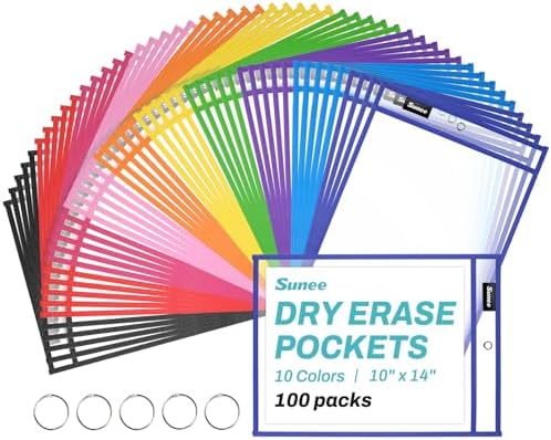 SUNEE 100 Packs Oversized Reusable Dry Erase Pocket Sleeves with 5 Rings, 10 Assorted Colors 10x14 Ticket Holders, Clear Plastic Sheet Protectors, Teacher School Classroom Supplies
