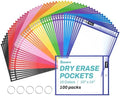 SUNEE 100 Packs Oversized Reusable Dry Erase Pocket Sleeves with 5 Rings, 10 Assorted Colors 10x14 Ticket Holders, Clear Plastic Sheet Protectors, Teacher School Classroom Supplies