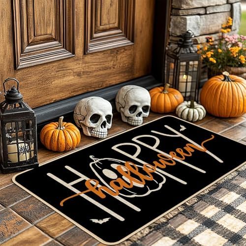 Baccessor Happy Halloween Kitchen Mats Set of 2, Spooky Pumpkins Bats Black Kitchen Rugs for Floor Low-Profile Farmhouse Fall Halloween Party Home Decor 17x29 and 17x47 Inch