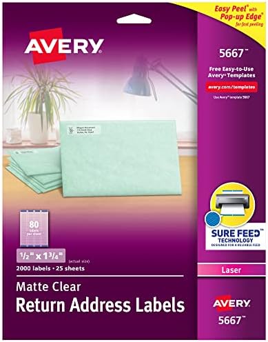 Avery Matte Clear Return Address Labels, Sure Feed Technology, Laser, 1/2" x 1-3/4", 2,000 Labels, 5 Packs (5667)
