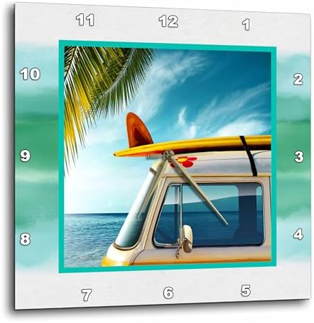 3dRose Wall Clock Silent - 13 inch - Vintage Van with Surfboard - Designs General Themes