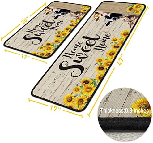 Cow Sunflower Kitchen Rug for Floor 2 Piece Sets, Home Sweet Home Kitchen Rugs, Cow Kitchen Mats in Front of Sink and Sunflower Kitchen Mat for Standing for Kitchen Decor 17"X30"+17"X47"